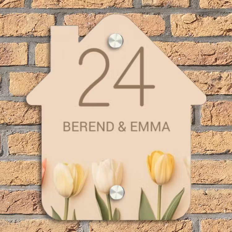 Gekleurde tulpen beige achtergrond - Klassiek Naambord Huisje klein -sfeer5