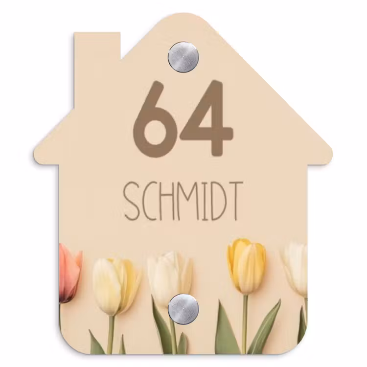 Gekleurde tulpen beige achtergrond - Modern Naambord Huisje klein -3d