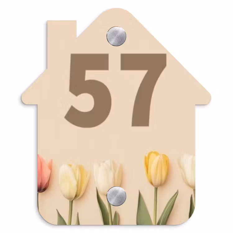 Gekleurde tulpen beige achtergrond - Traditioneel Naambord Huisje klein -3d