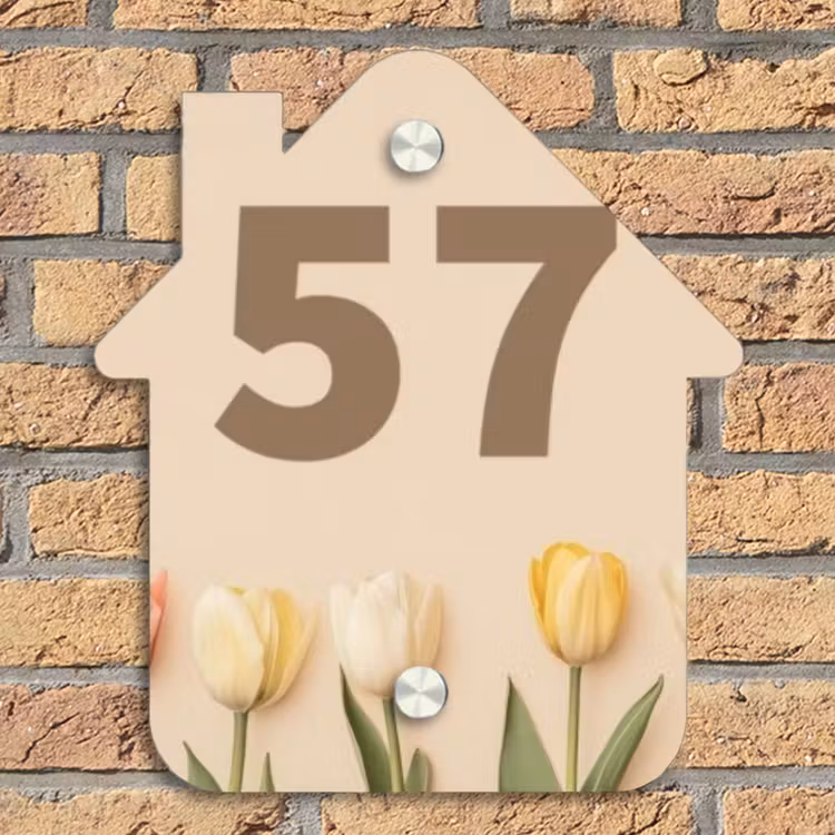 Gekleurde tulpen beige achtergrond - Traditioneel Naambord Huisje klein -sfeer5