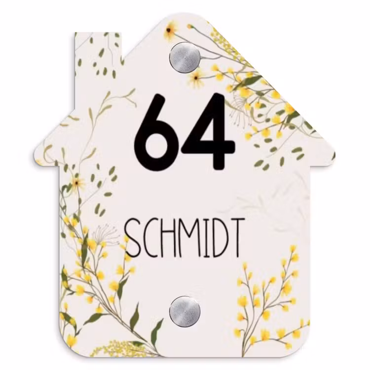 Gele bloemen - Modern Naambord Huisje klein -3d
