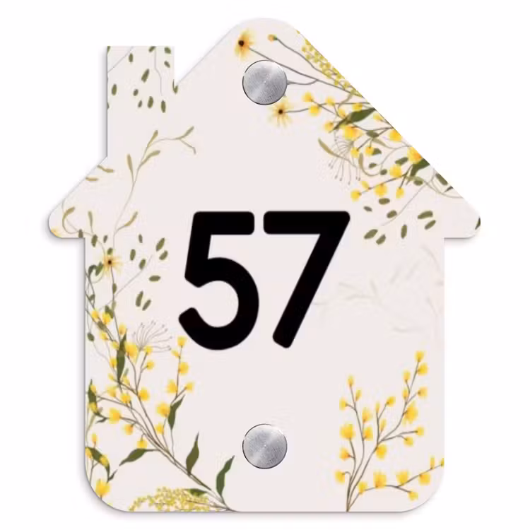 Gele bloemen - Traditioneel Naambord Huisje klein -3d