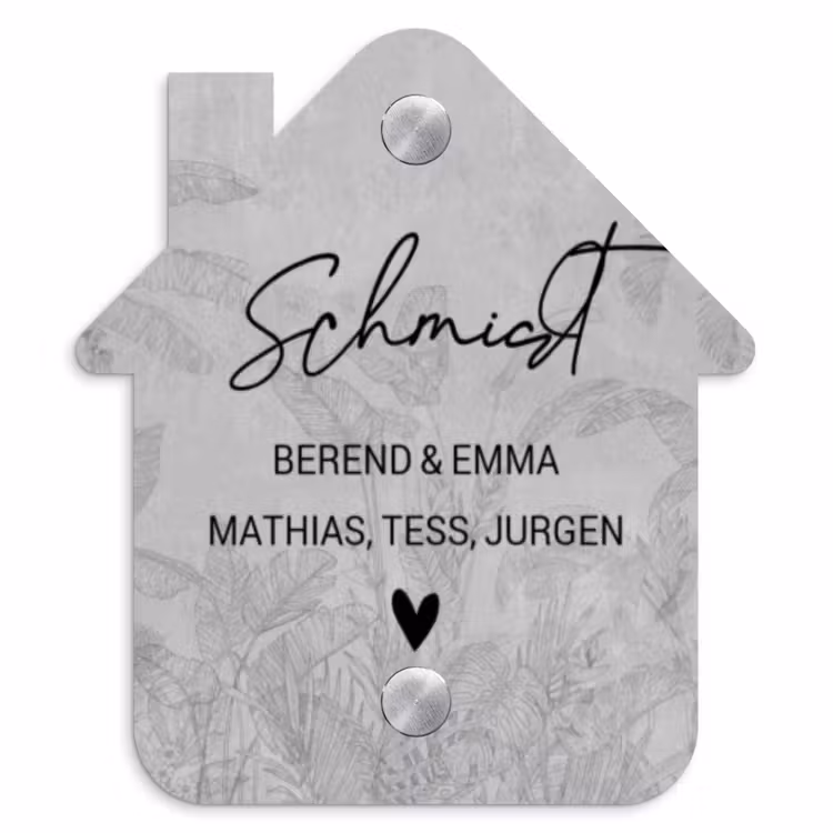 Grijs botanisch patroon - Sierlijk Naambord Huisje klein -3d