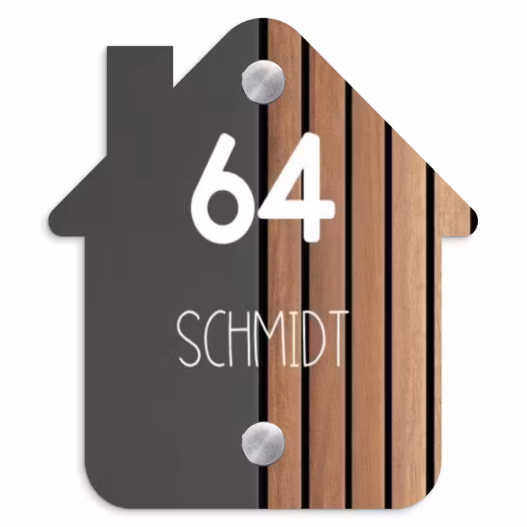 Hout en antraciet - Modern Naambord Huisje klein -3d