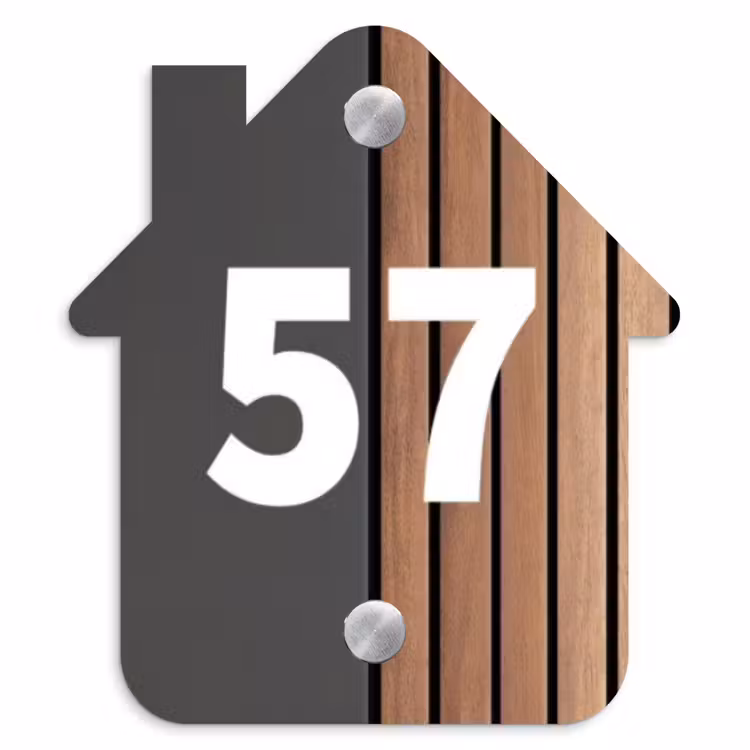 Hout en antraciet - Traditioneel Naambord Huisje klein -3d