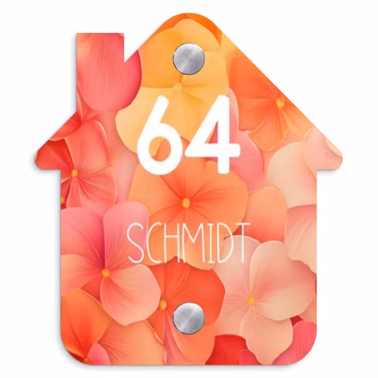 Oranje bloemenmix - Modern Naambord Huisje klein -3d