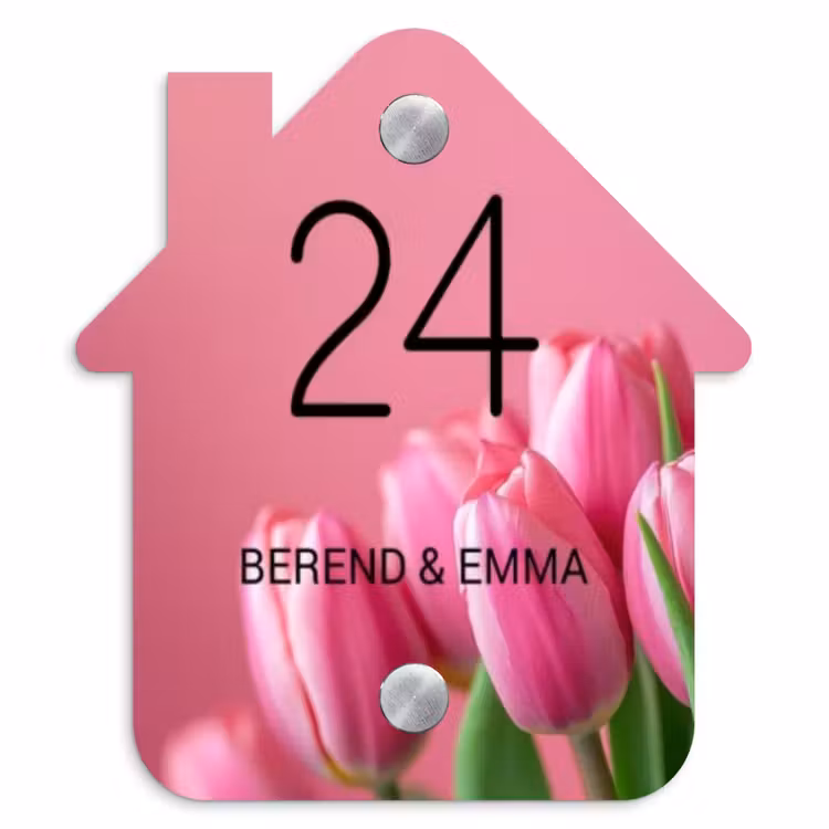 Roze tulpen - Klassiek Naambord Huisje klein -3d