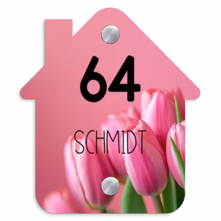 Roze tulpen - Modern Naambord Huisje klein -3d