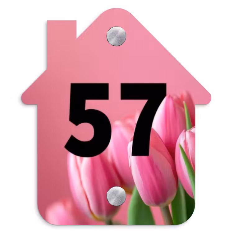 Roze tulpen - Traditioneel Naambord Huisje klein -3d
