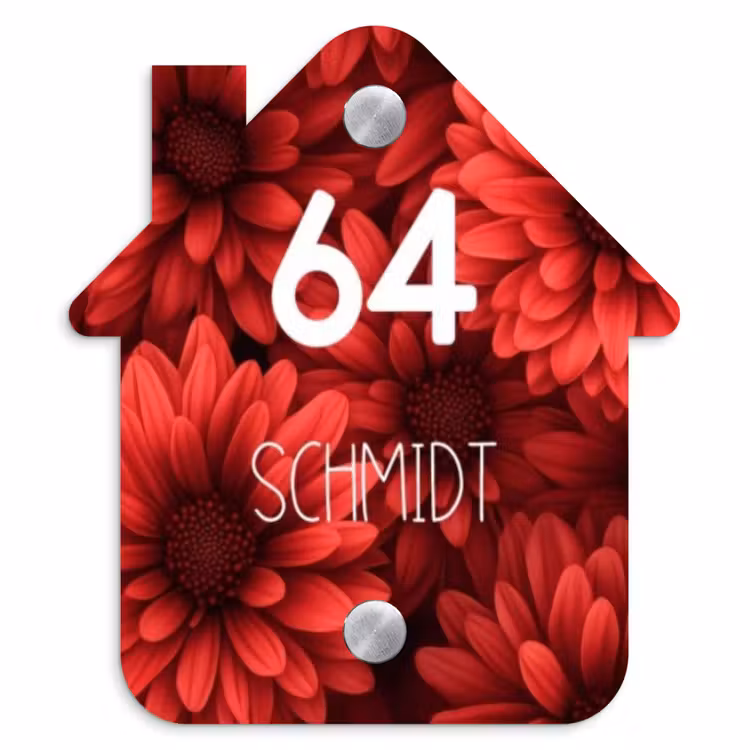 Rode bloemen - Modern Naambord Huisje klein -3d