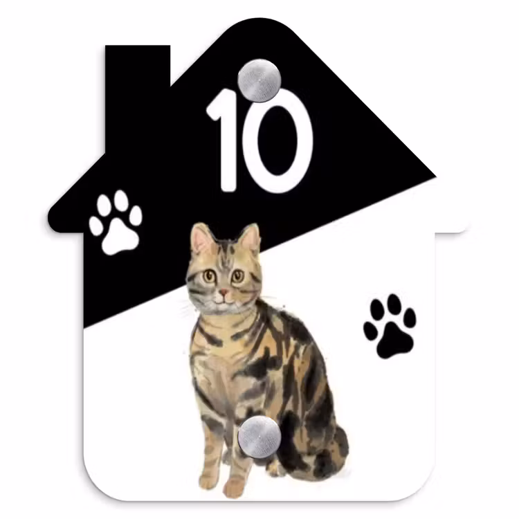 Zwart wit - Huisdier - Bruingestreepte kat Naambord Huisje klein -3d
