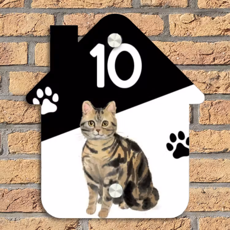Zwart wit - Huisdier - Bruingestreepte kat Naambord Huisje klein -sfeer5