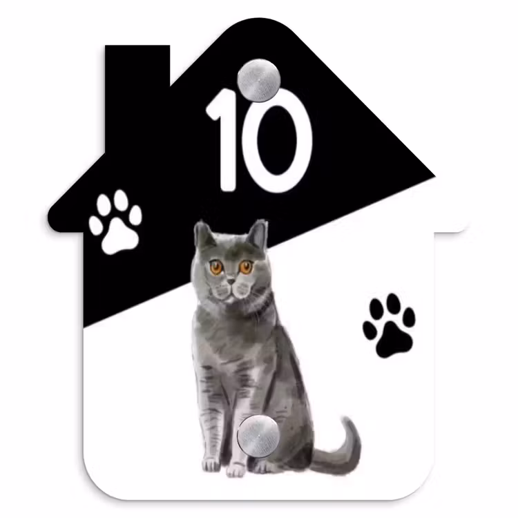 Zwart wit - Huisdier - Grijze kat Naambord Huisje klein -3d
