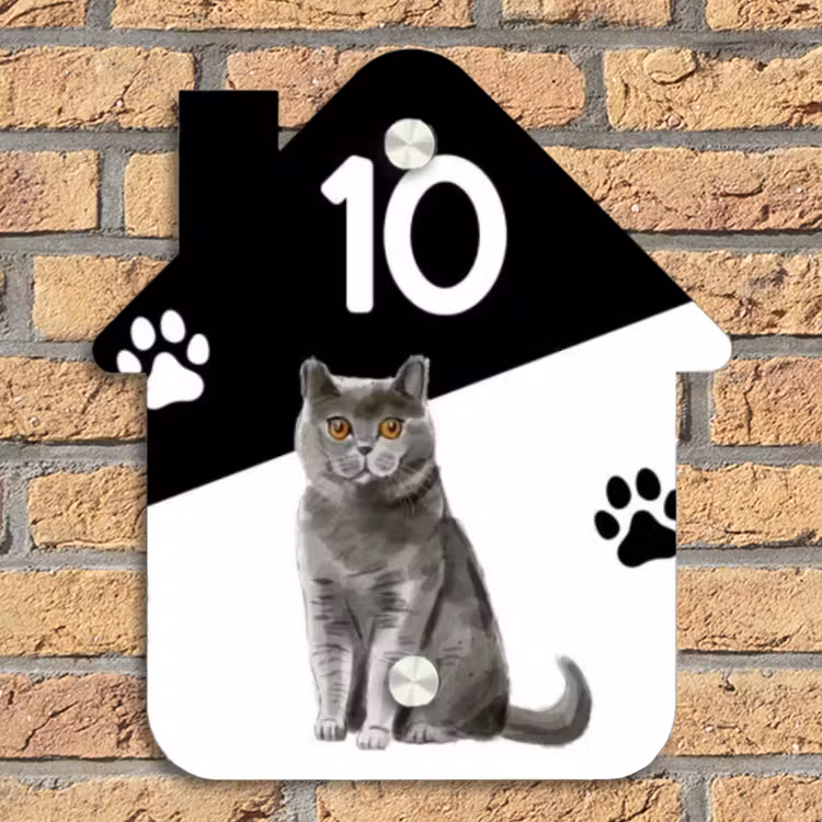 Zwart wit - Huisdier - Grijze kat Naambord Huisje klein -sfeer5