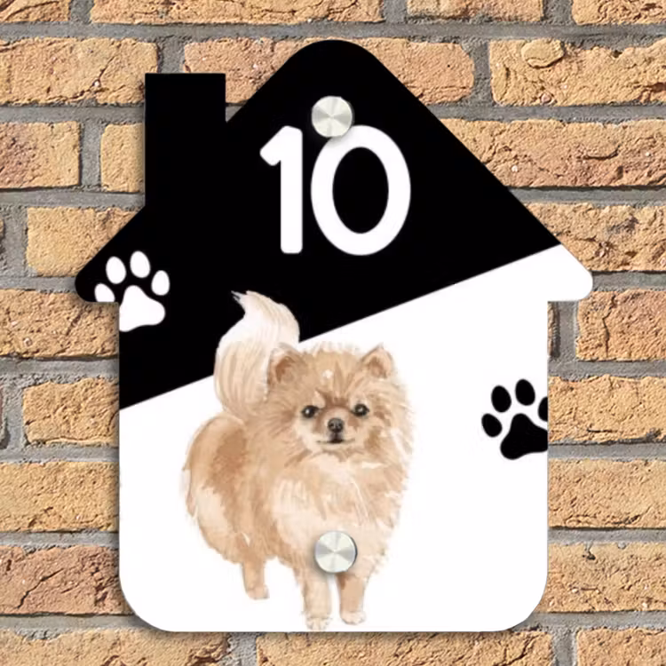 Zwart wit - Huisdier - Pomeranian Naambord Huisje klein -sfeer5