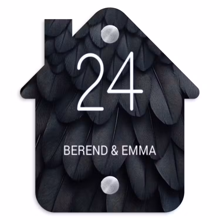 Zwarte veren - Klassiek Naambord Huisje klein -3d