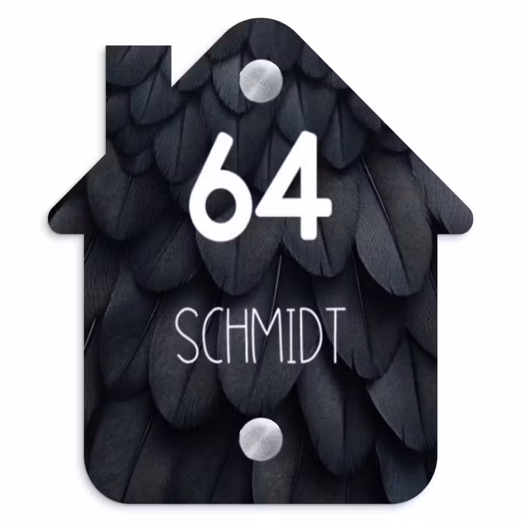 Zwarte veren - Modern Naambord Huisje klein -3d