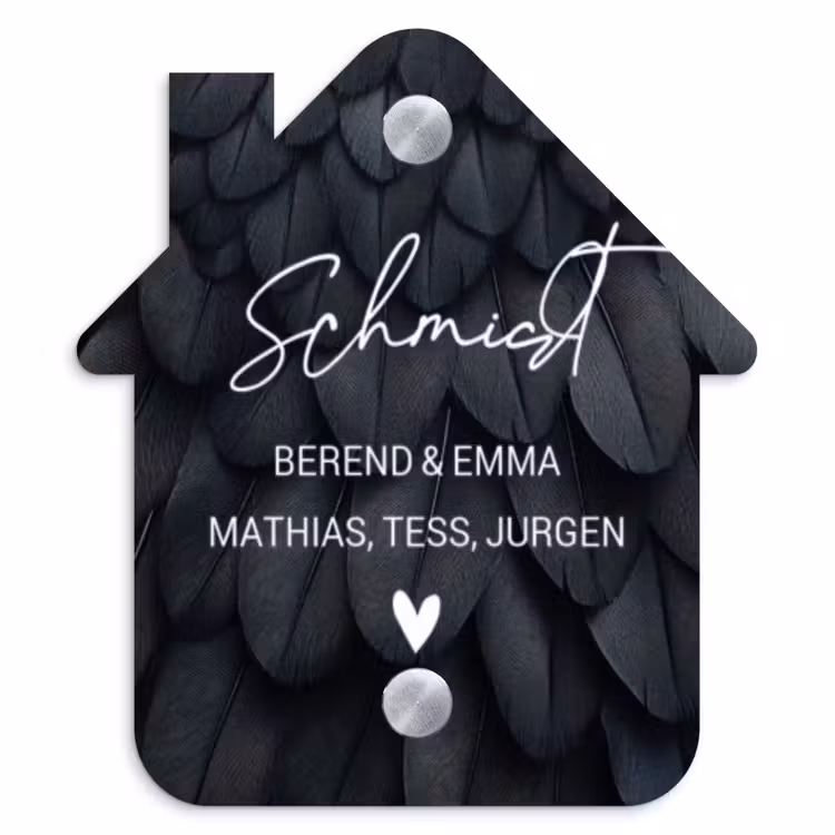 Zwarte veren - Sierlijk Naambord Huisje klein -3d
