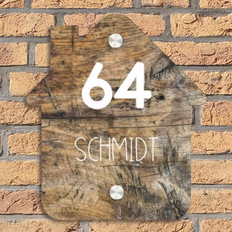 Verweerd hout - Modern Naambord Huisje klein -sfeer5