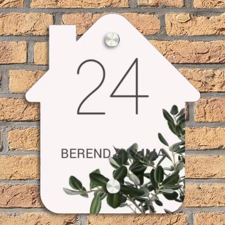 Wit met bladeren - Klassiek Naambord Huisje klein -sfeer5