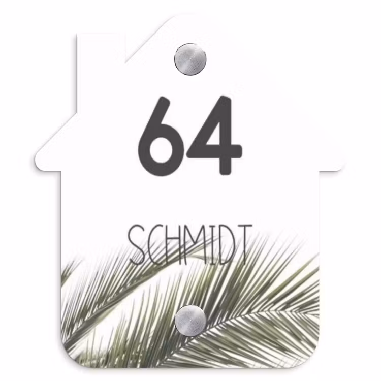 Wit met palmblad - Modern Naambord Huisje klein -3d