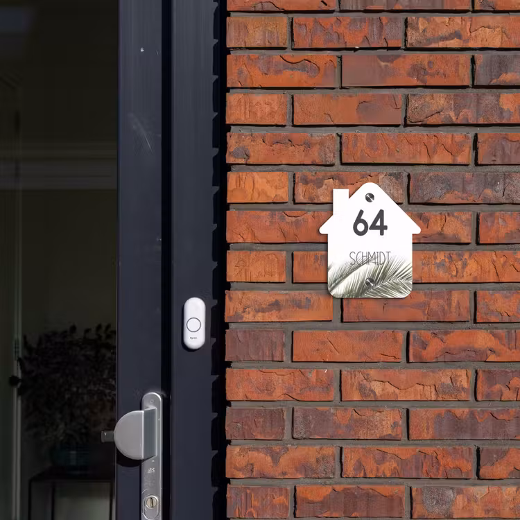 Wit met palmblad - Modern Naambord Huisje klein -sfeer2