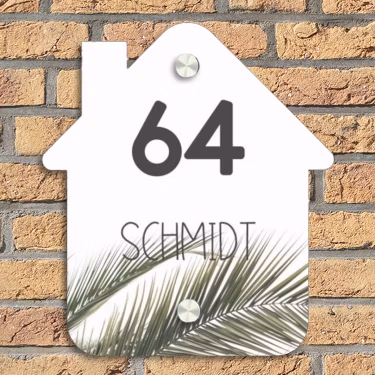 Wit met palmblad - Modern Naambord Huisje klein -sfeer5