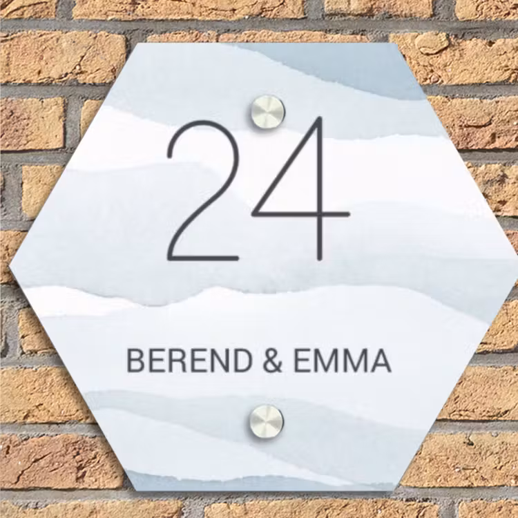 Aquarel - Blauw - Klassiek Naambord Hexagon klein -sfeer1