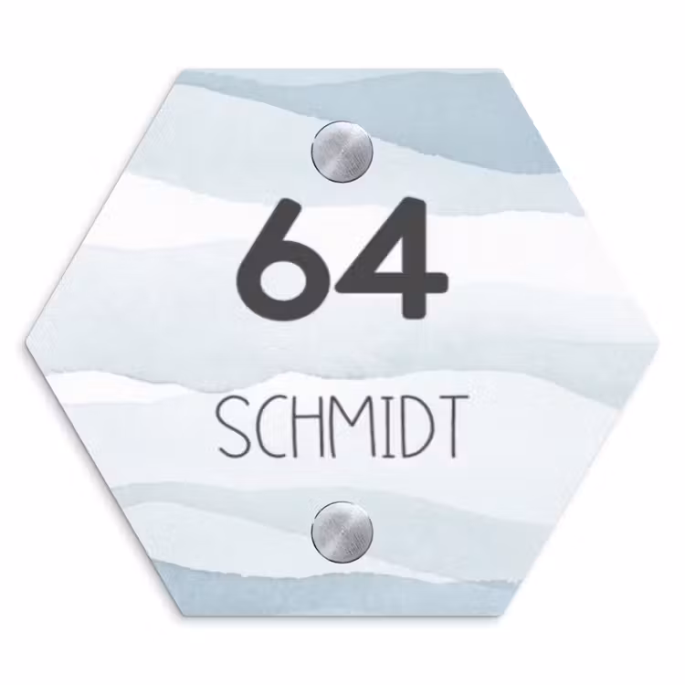 Aquarel - Blauw - Modern Naambord Hexagon klein -3d