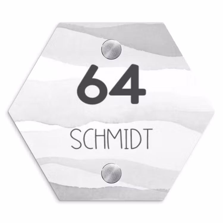 Aquarel - Grijs - Modern Naambord Hexagon klein -3d