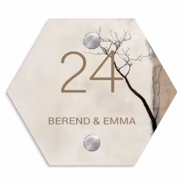 Boomsilhouet beige achtergrond - Klassiek Naambord Hexagon klein -3d