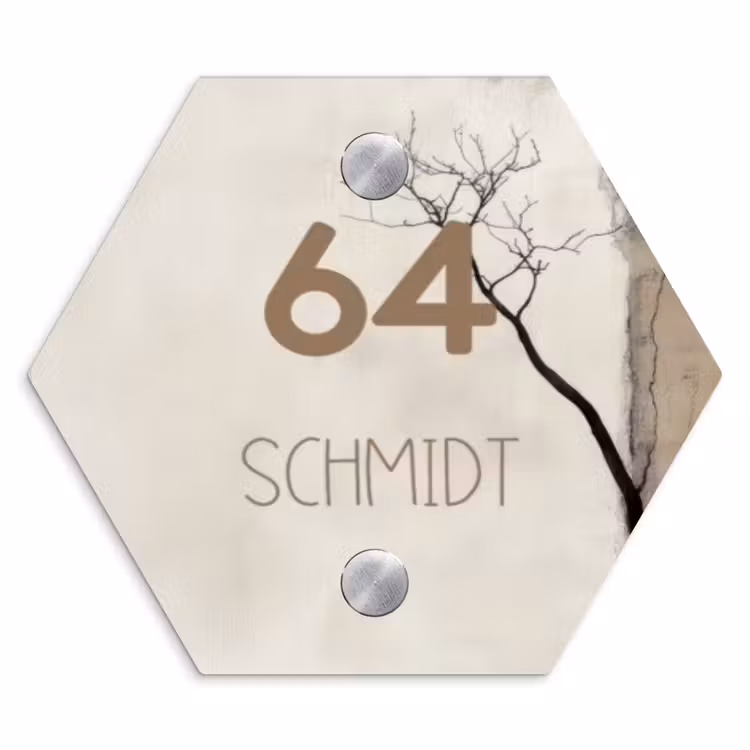 Boomsilhouet beige achtergrond - Modern Naambord Hexagon klein -3d