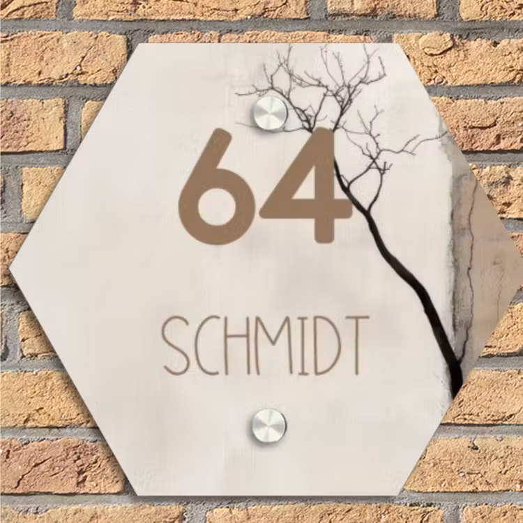 Boomsilhouet beige achtergrond - Modern Naambord Hexagon klein -sfeer1