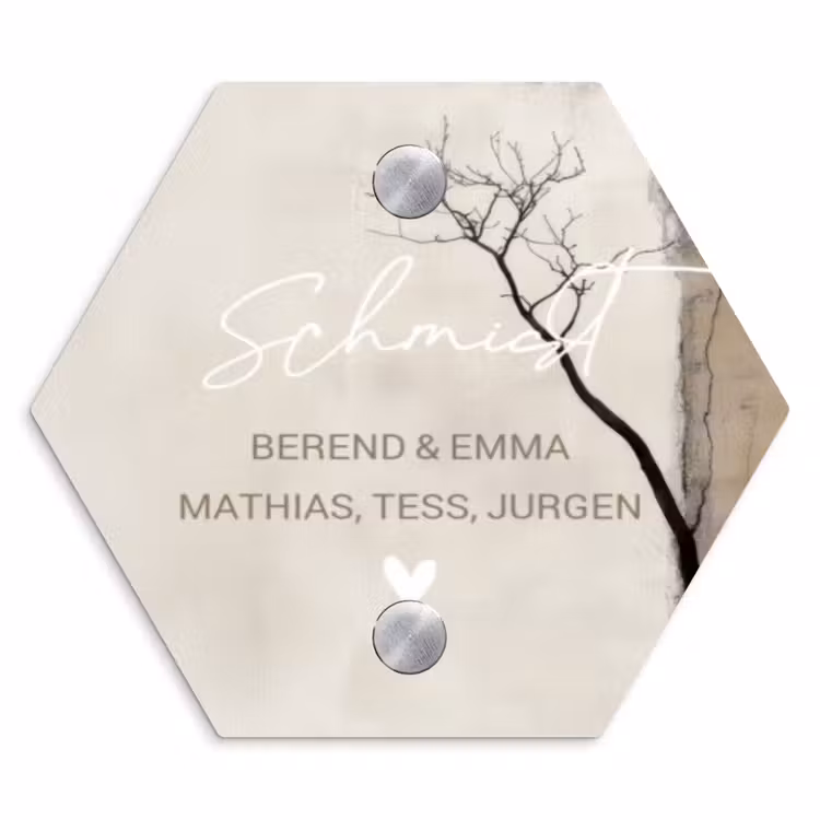 Boomsilhouet beige achtergrond - Sierlijk Naambord Hexagon klein -3d