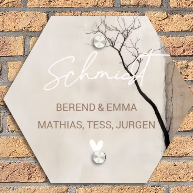 Boomsilhouet beige achtergrond - Sierlijk Naambord Hexagon klein -sfeer1