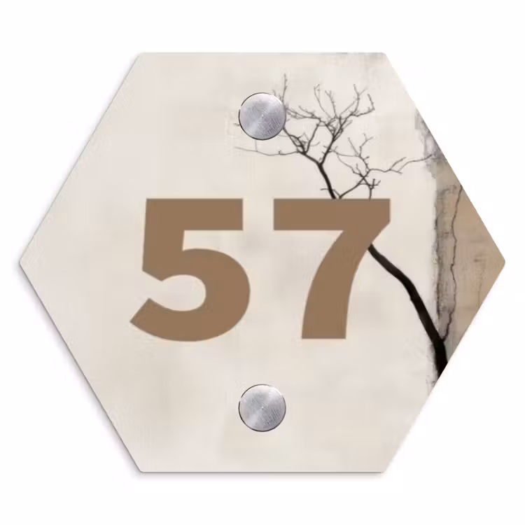 Boomsilhouet beige achtergrond - Traditioneel Naambord Hexagon klein -3d