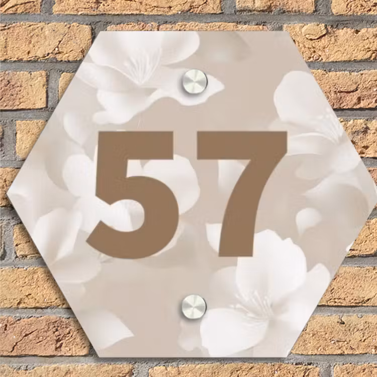 Beigefarbene Blumen - Traditionell Naambord Hexagon klein -sfeer1