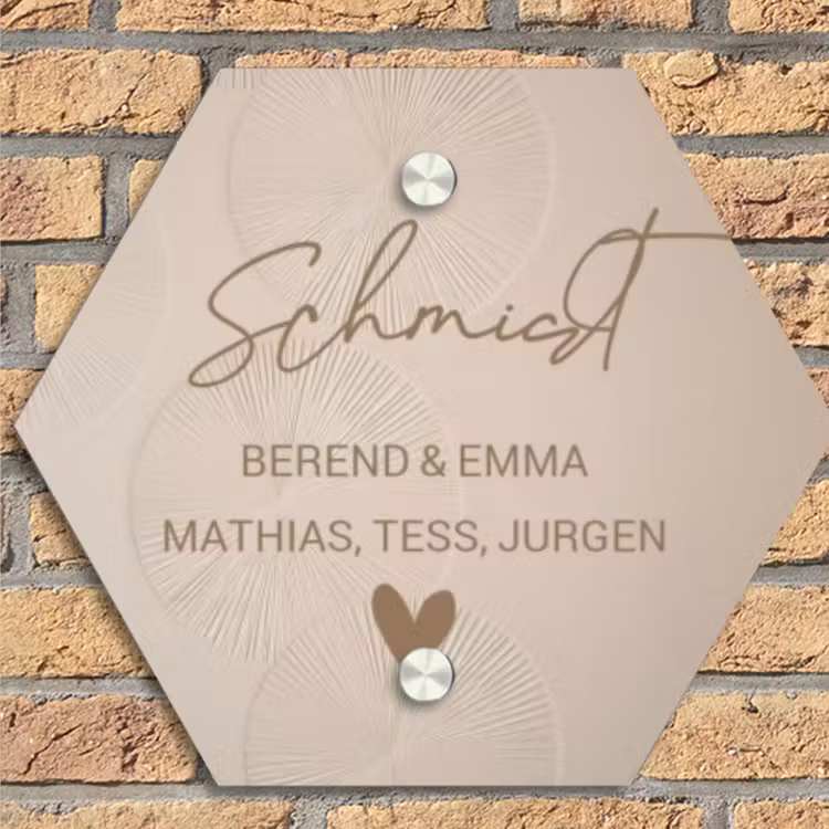 Beige reliëf lijnen - Sierlijk Naambord Hexagon klein -sfeer1