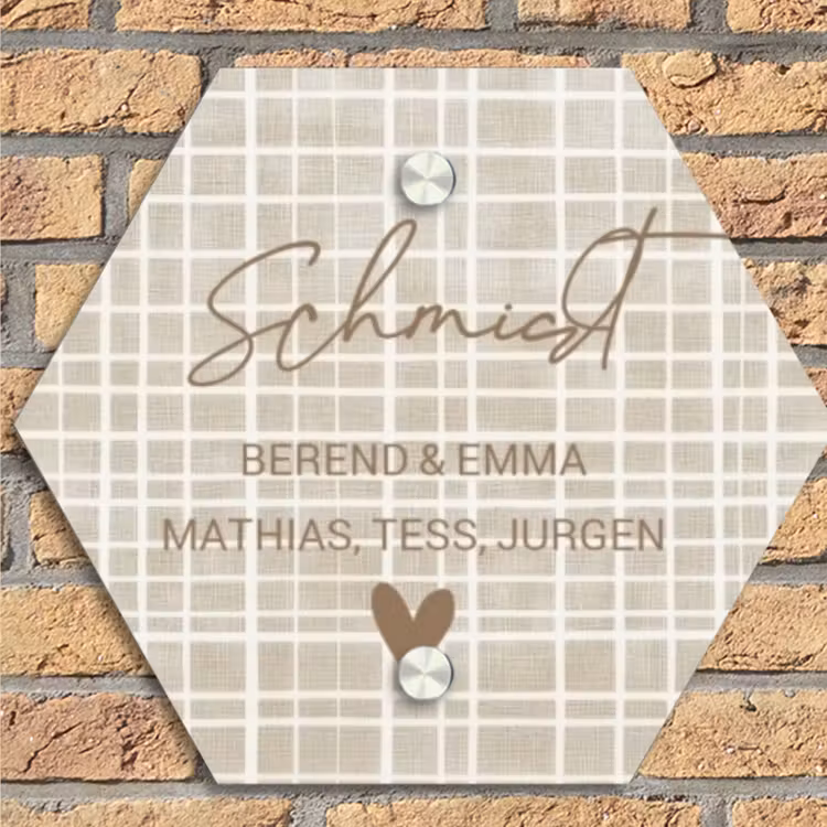 Beige raster - Sierlijk Naambord Hexagon klein -sfeer1