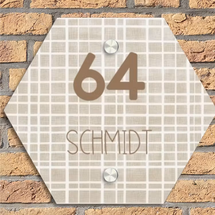 Beige raster - Modern Naambord Hexagon klein -sfeer1