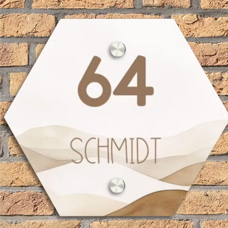 Beige landschap - Modern Naambord Hexagon klein -sfeer1