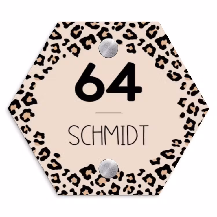 Beige luipaardprint - Modern Naambord Hexagon klein -3d