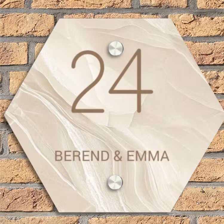 Beige - Marmer - Klassiek Naambord Hexagon klein -sfeer1