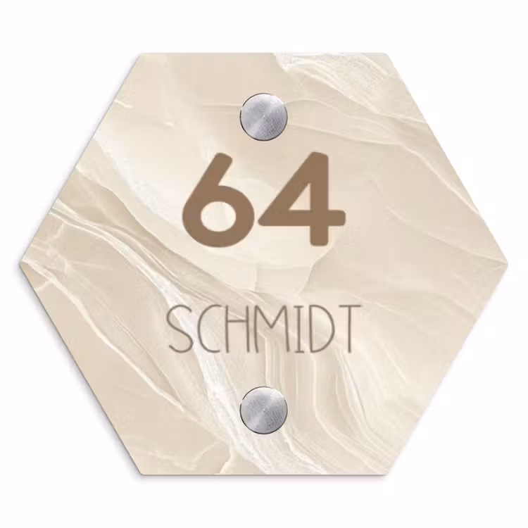 Beige - Marmer - Modern Naambord Hexagon klein -3d