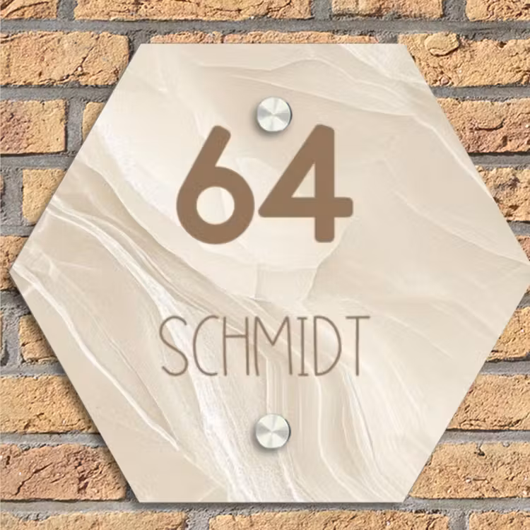 Beige - Marmer - Modern Naambord Hexagon klein -sfeer1