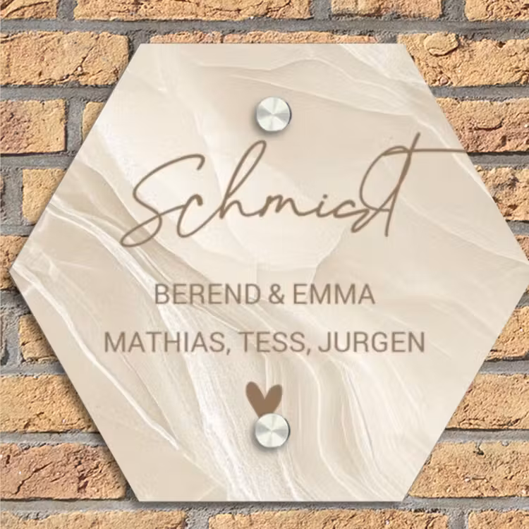Beige - Marmer - Sierlijk Naambord Hexagon klein -sfeer1