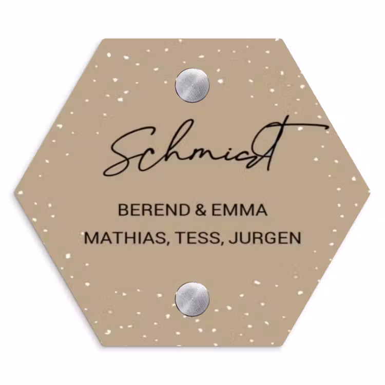 Beige met stippen - Sierlijk Naambord Hexagon klein -3d