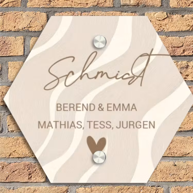Beige golven - Sierlijk Naambord Hexagon klein -sfeer1