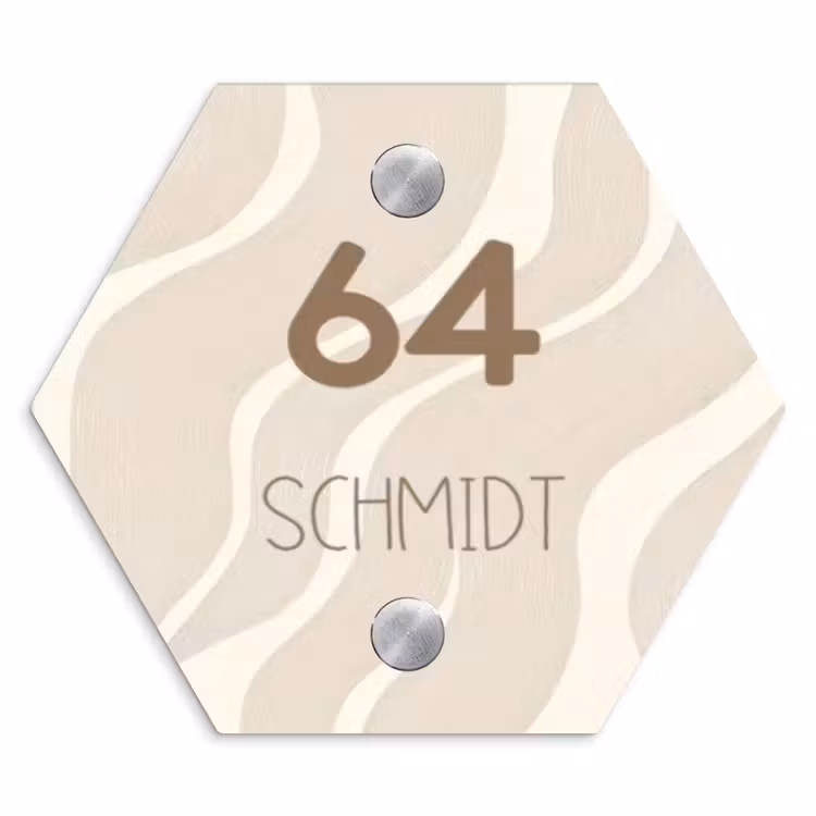 Beige golven - Modern Naambord Hexagon klein -3d