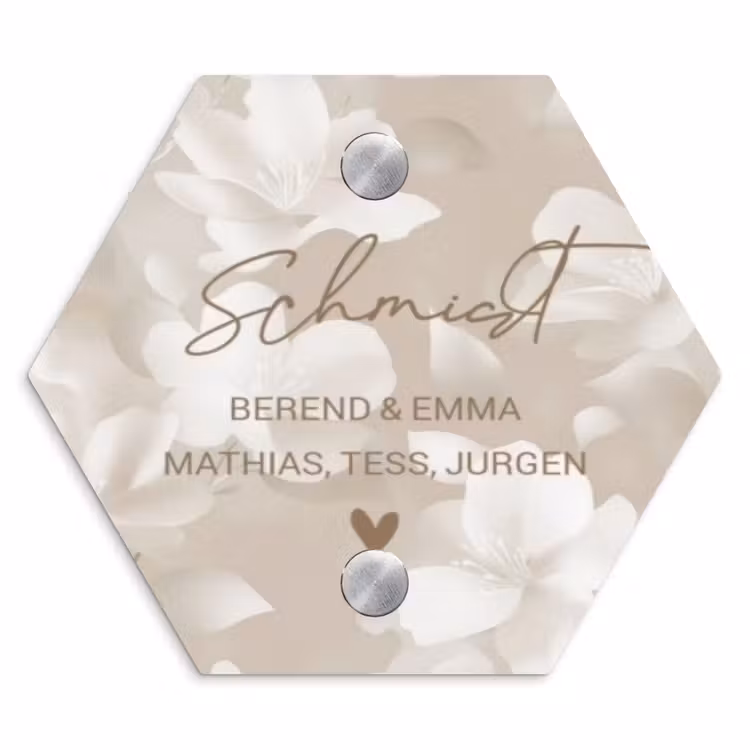 Beigefarbene Blumen - Elegant Naambord Hexagon klein -3d